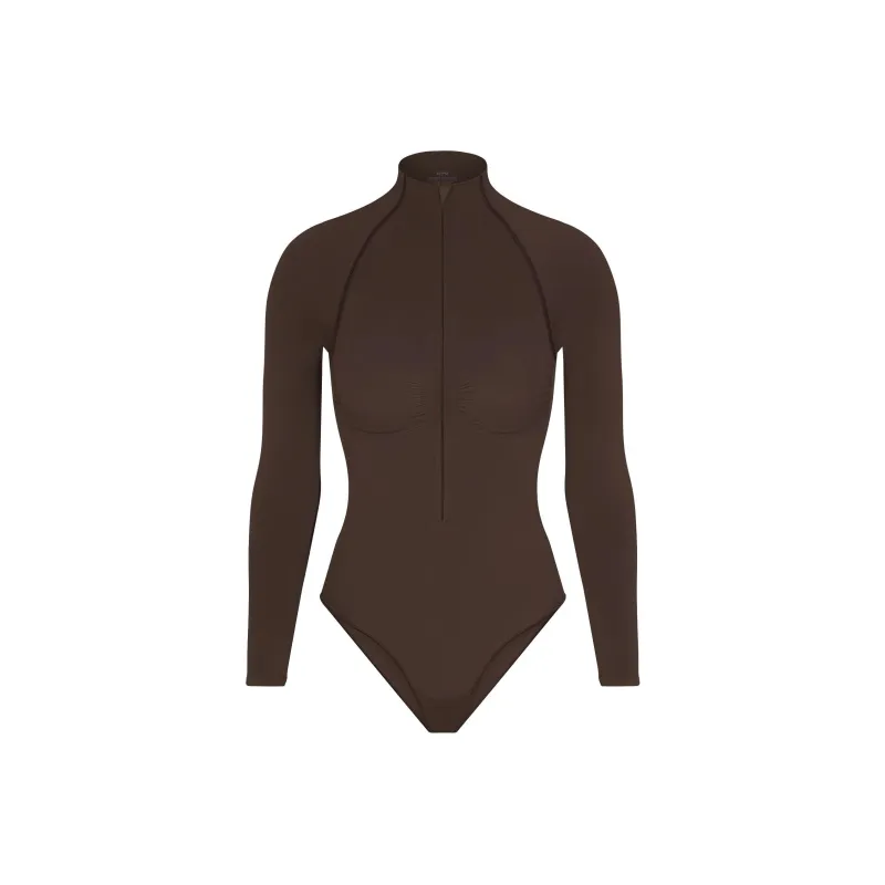 SKIMS SEAMLESS SCULPT ZIP FRONT LONG SLEEVE THONG BODYSUIT Bodysuits Women's ESPRESSO/Dark Coffee Color-0