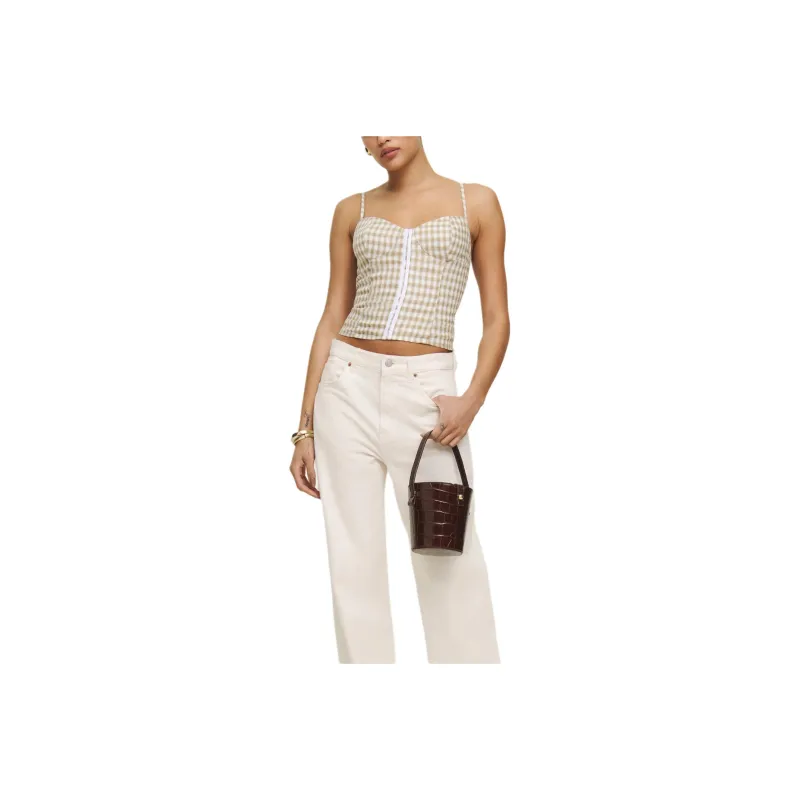 REFORMATION Christen Linen Top Camisole Women's Sand Dune Plaid-0