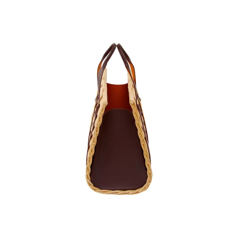 HERMES Wicker With Calfskin Tote Bag, Shopping Bag, Handbag Extra Large Women's Natural & Red Brown-2