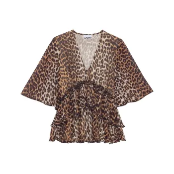 GANNI Leopard Printed Pleated V Neck Blouse