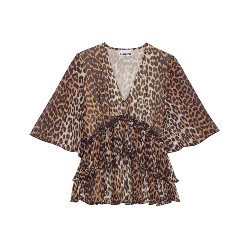 GANNI Leopard Printed Pleated V Neck Blouse-0