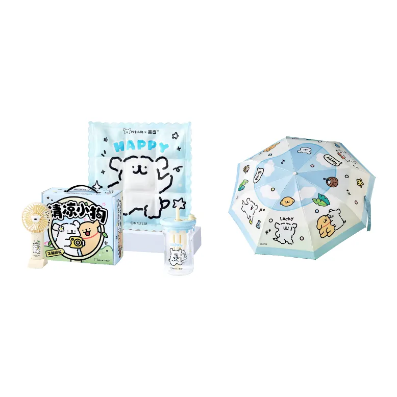YANCANG x Line Puppies Cartoon Style Summer Practical Water Cup Glass Straw Cup Handheld Fan Ice Mat Set-19