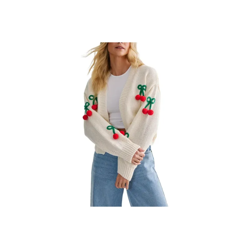 NASTY GAL Chunky Knit Cherry Detail Cardigan Knitwear Women's Cream-0