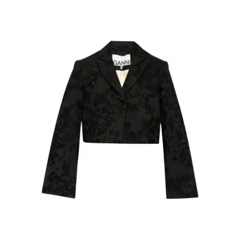 GANNI Floral Embroidered Single Breasted Cropped Blazer