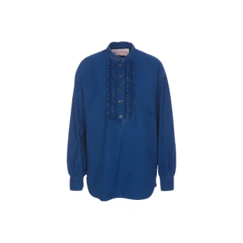Valentino Ruffled Crewneck Denim Shirt