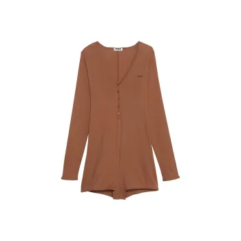 Victoria's Secret PINK Spill-the-Tea Cotton Henley Romper/Caramel Bodysuits Women's Caramel