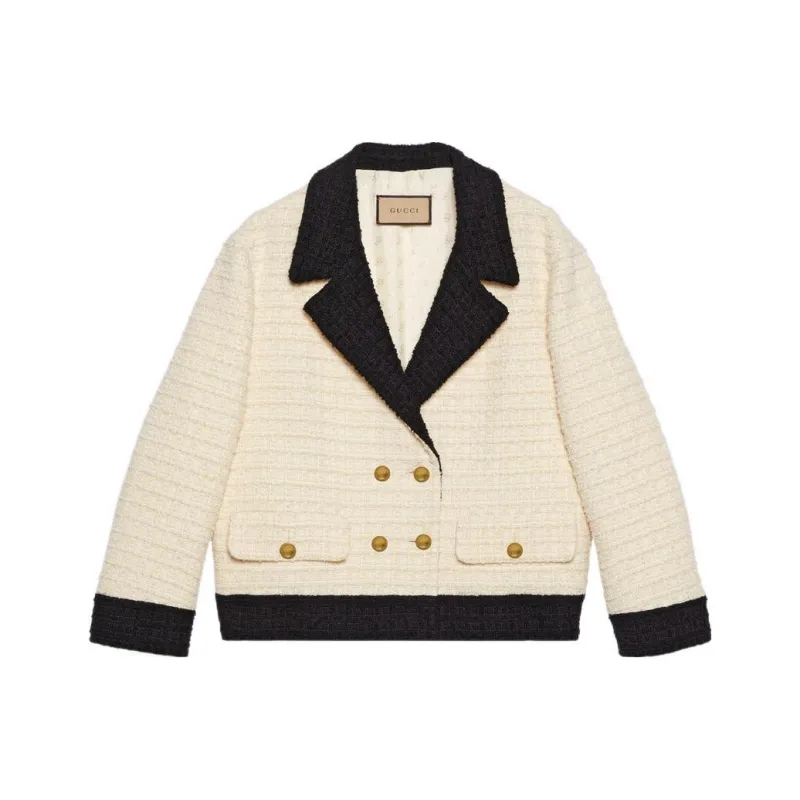 GUCCI Women's Double Breasted Tweed Jacket Ivory/Black-0