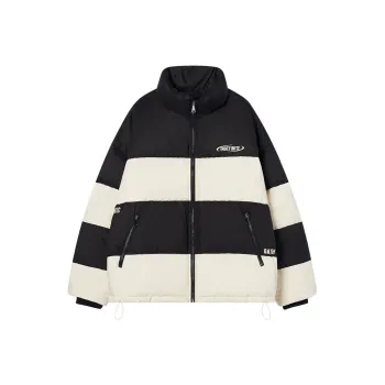 I'M ONE Letter Stripes Stand Collar Loose Fit Thickened Down Jacket Unisex Black White