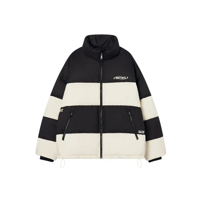 I'M ONE Letter Stripes Stand Collar Loose Fit Thickened Down Jacket Unisex Black White-0