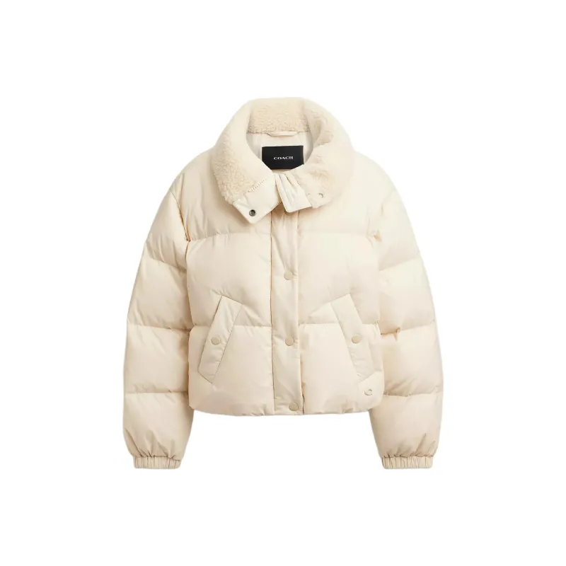 COACH Cropped Puffer In Recycled Polyamide With Sherpa Collar Down Jacket Women's Cream-0