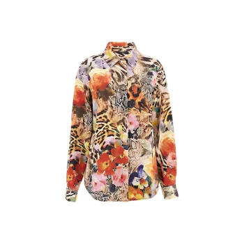 GUESS Icon Printed Satin Blouse Shirt Women's Multicolor