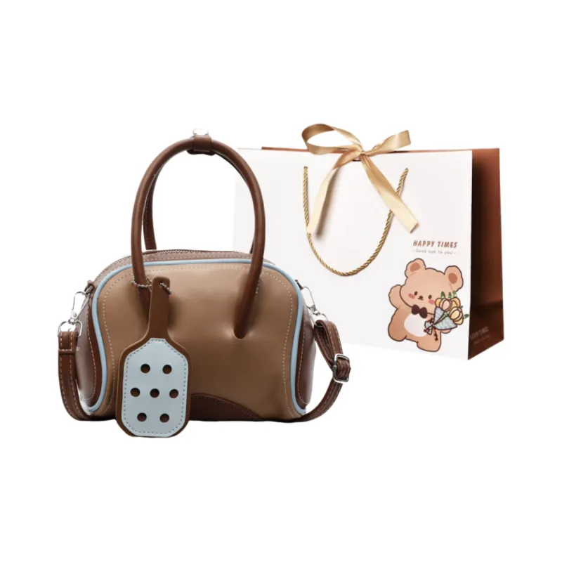 ERANGBEAR PU Bowling Bag, Crossbody, One Shoulder, Handbag Women's Pink/Ecru/Khaki-4