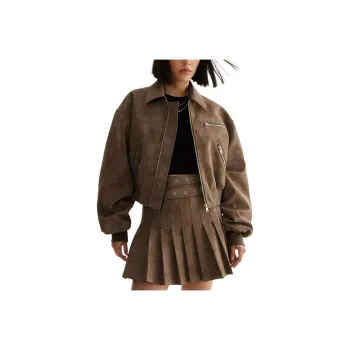 NASTY GAL Distressed Faux Leather Bomber Jacket Jackets Coats Women's Brown