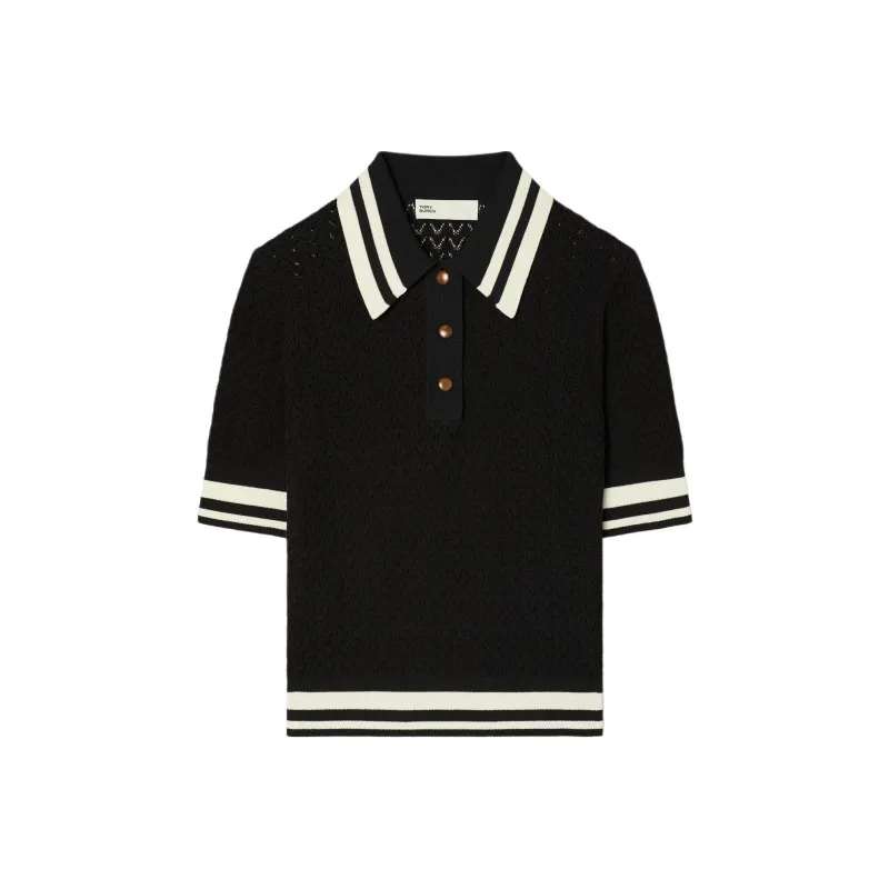 TORY BURCH Striped Straight Fit Pullover Short Sleeved Polo Shirt Women's Black-0