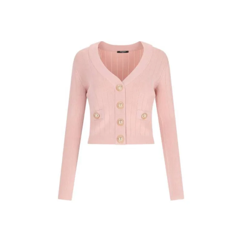 BALMAIN Button Embellished Ribbed Knit Cardigan-0