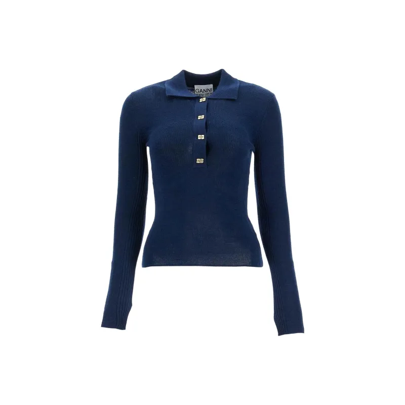 GANNI Long Sleeved Knit Polo Top-0