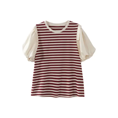 LUYOUYE Lantern Sleeve T Shirt Women's Dark Red
