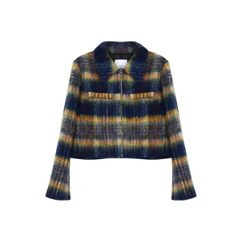 Roselingling Jackets Coats Women's Blue Yellow Plaid