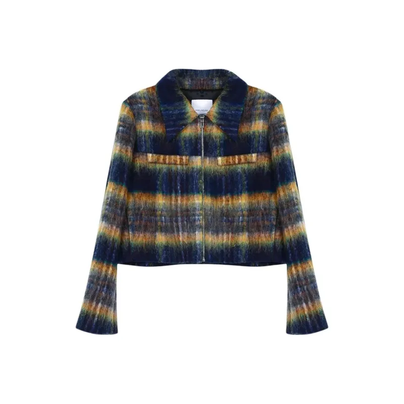 Roselingling Jackets Coats Women's Blue Yellow Plaid-0