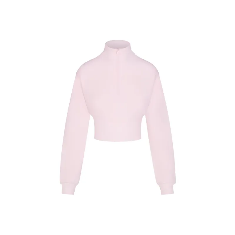 SKIMS COTTON FLEECE CROPPED HALF ZIP PULLOVER Sweatshirt Women's CHERRY BLOSSOM/Cherry Blossom-0