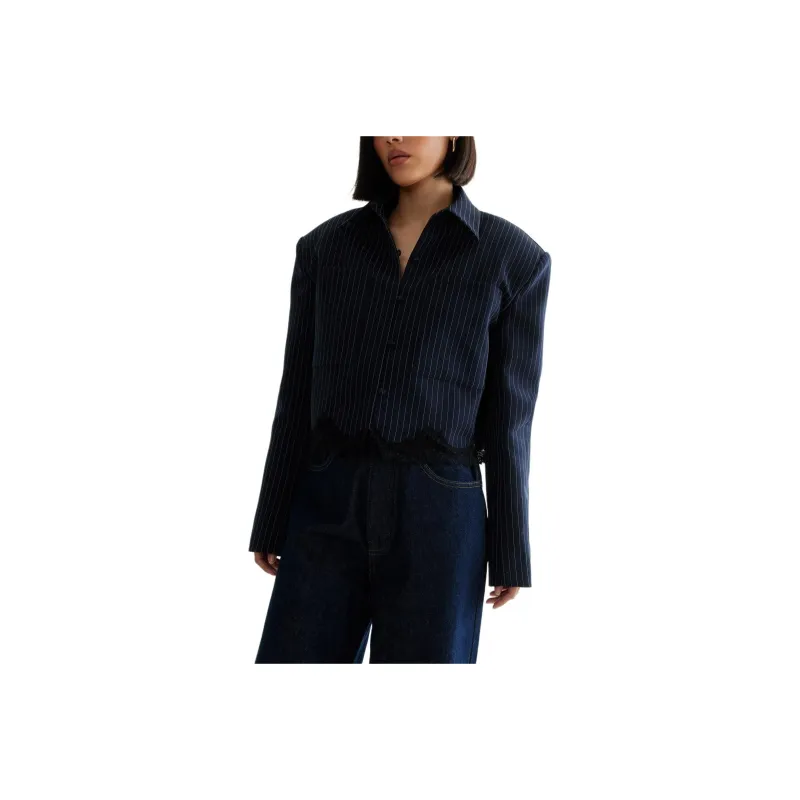 NASTY GAL Lace Hem Tailored Pinstripe Jacket Jackets Coats Women's Marine Blue-0