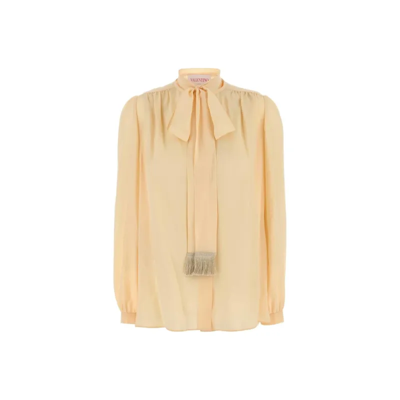 Valentino Fringed Pussy Bow Chiffon Shirt-0