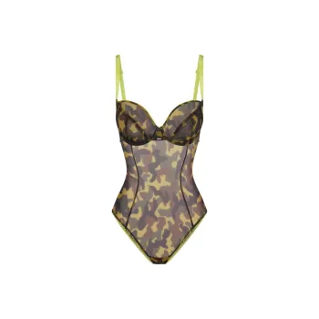 SKIMS ULTRA FINE MESH PICOT BRIEF BODYSUIT Bodysuits Women's DAFFODIL CAMO/Multicolor