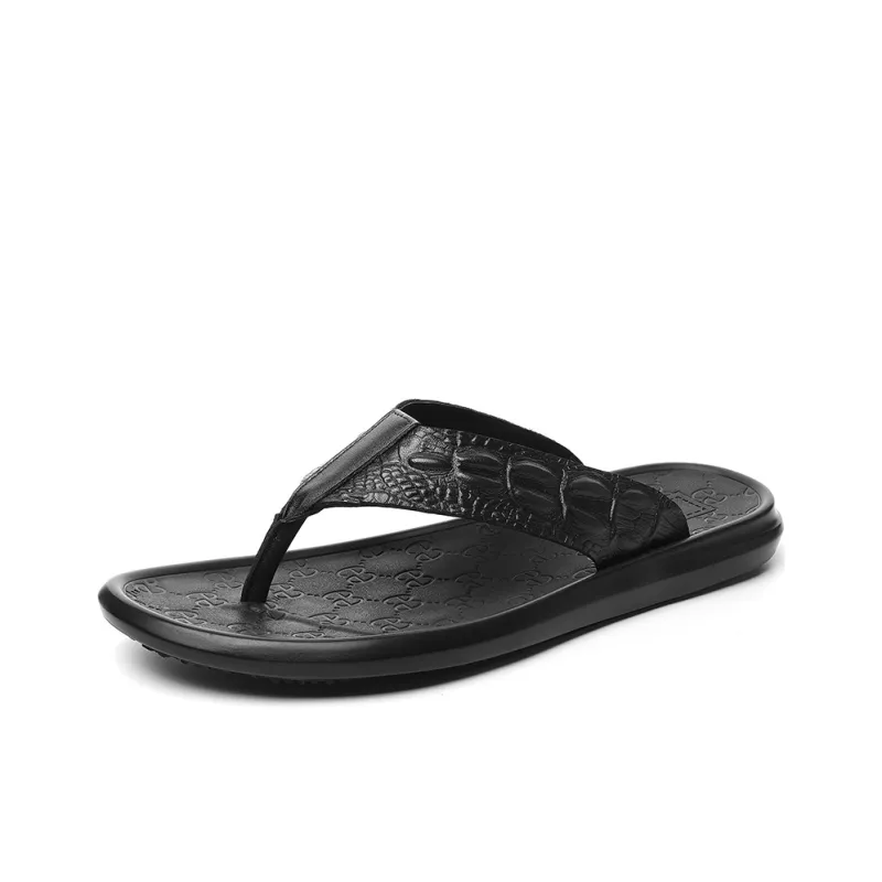 Dunnu Rubber Sole Leather Patchwork Quiet Flip Flops Men's Black-1