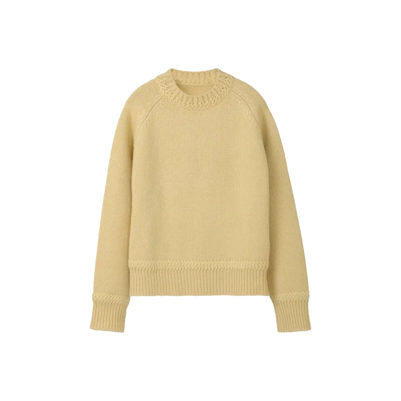 Fstudio Fall And Winter Solid Color Crew Neck 100 Wool Sweaters Crew Neck Effortless Style Sweater Women's Yellow-3