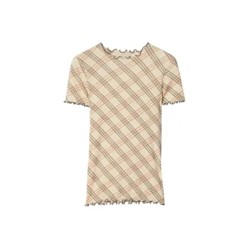 Burberry Checked Lettuce Hem Crewneck T Shirt