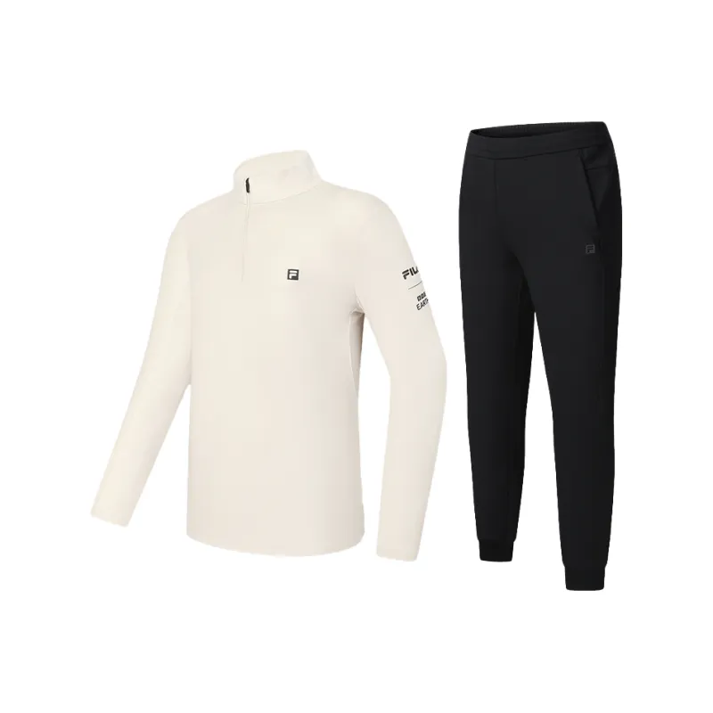 FILA Casual Sportswear Men Clothing Set Gray T Shirt+Pitch Black Pants-0
