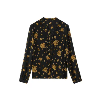 H YXIANG Shirt Women's Black Background With Yellow Flowers
