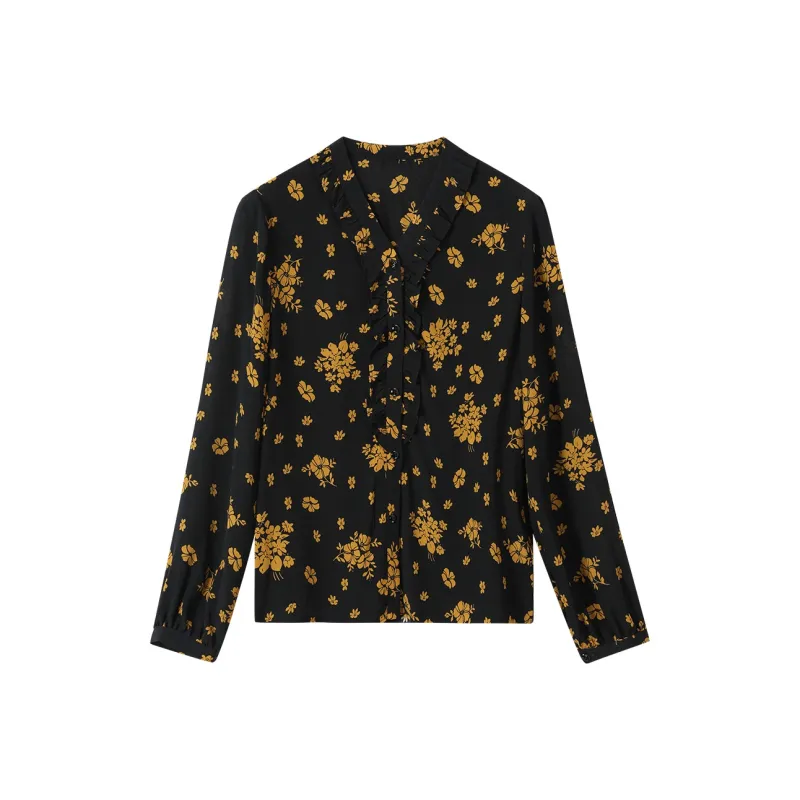H-YXIANG Shirt Women's Black Background With Yellow Flowers-0