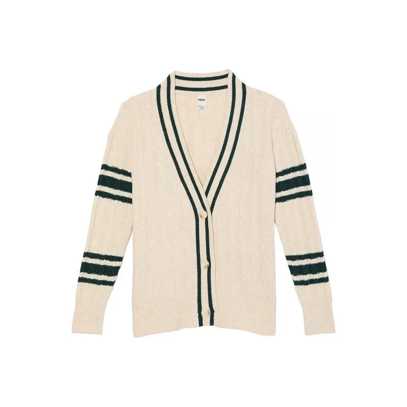 Victoria's Secret PINK Collegiate Cable-Knit Oversized Cardigan/NH Knitwear Women's Natural Stone South Flower-0