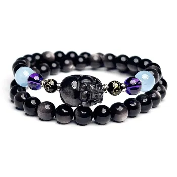MOUNTAINS AND MANS Natural Obsidian New Chinese Style Stackable Good Luck Beaded Bracelet Unisex