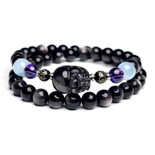 MOUNTAINS AND MANS Natural Obsidian New Chinese Style Stackable Good Luck Beaded Bracelet Unisex