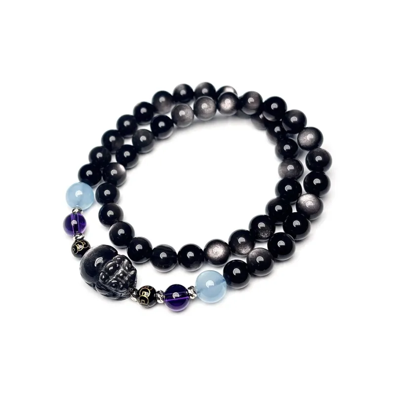 MOUNTAINS AND MANS Natural Obsidian New Chinese Style Stackable Good Luck Beaded Bracelet Unisex-3