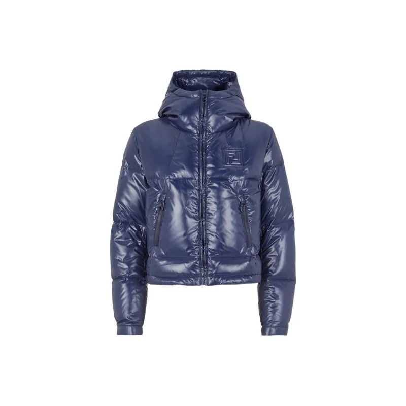 FENDI SS22 Solid Color Shiny Hooded Thickened Down Jacket Women's Blue-0
