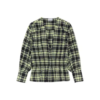 GANNI Checkered Seersucker Shirt Dress 'Check Elfin Yellow'