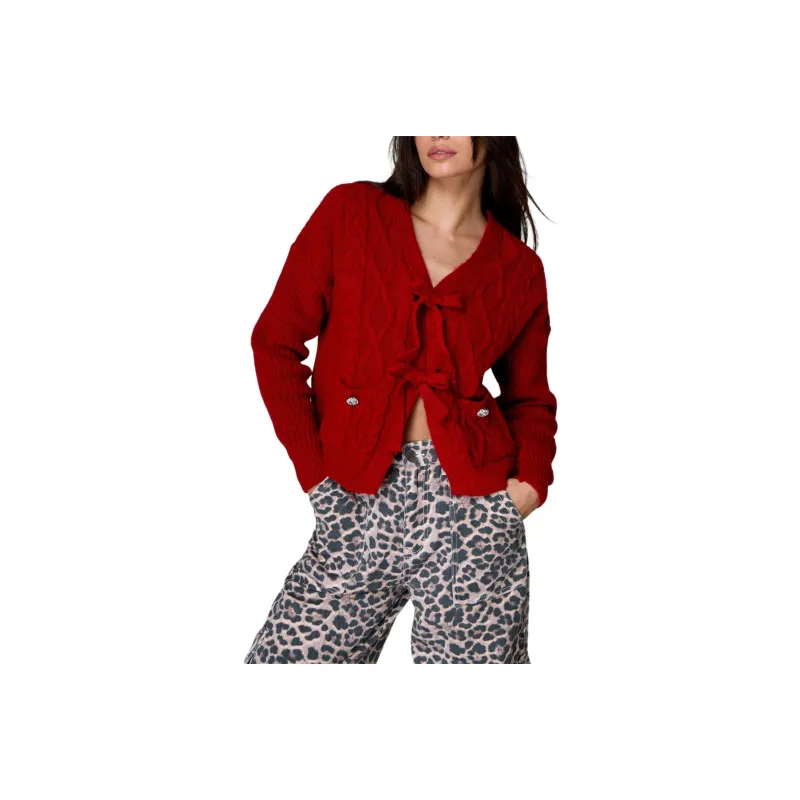 NASTY GAL Tie Front Cable Knit Cardigan Knitwear Women's Red-0
