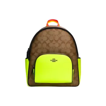 COACH Court Canvas With Leather Backpack Large Size Women's Brown & Neon Yellow Multicolor