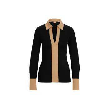 HUGO BOSS Ribbed Long-Sleeved Blouse With Johnny Collar Shirt Women's Black
