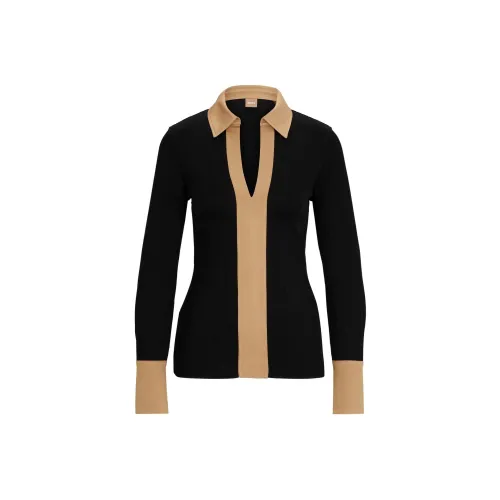 HUGO BOSS Ribbed Long-Sleeved Blouse With Johnny Collar Shirt Women's Black