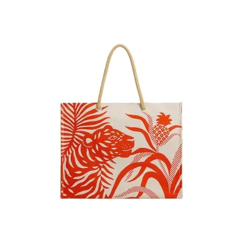 HERMES Tigre A L'Ananas H Canvas Tote Bag, Shopping Bag, Shoulder Bag, Handbag Women's Orange & Coral