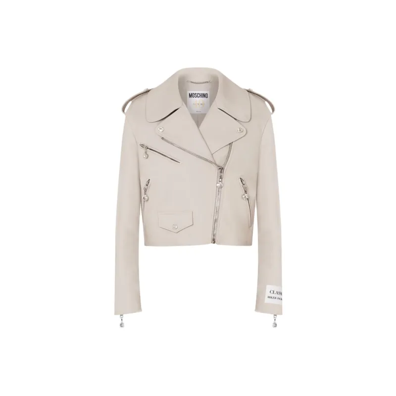 MOSCHINO Jewels Nappa Leather Biker Jackets Coats Women's White-0