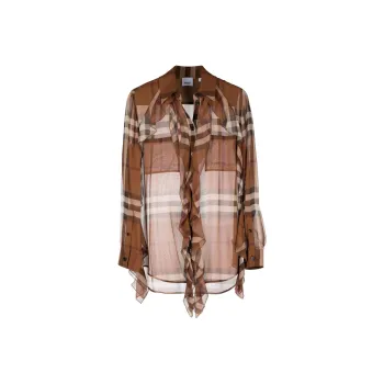 Burberry Check-Printed Self-Tied Sheer Chiffon Shirt