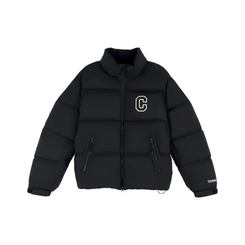COVERNAT Stand Collar Arched Letter Design Thickened Down Jacket Unisex Black-0