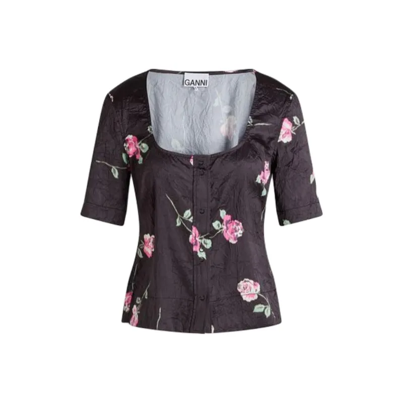 GANNI Floral print Crinkled Satin Blouse-0