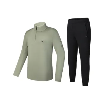 FILA Casual Sportswear Men Clothing Sets Cloud Green T Shirt+Pitch Black Pants