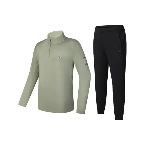 FILA Casual Sportswear Men Set Yuncong Green T Shirt+Pitch Black Pants